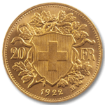 pièce or 20 francs croix suisse 1922