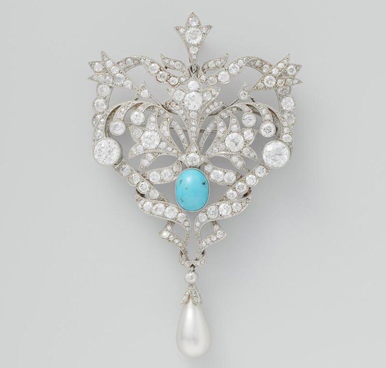 Rachat de bijoux anciens, Antic Boterf. Broche de corsage en platine, diamants, turquoise, perle fine, période Belle époque.